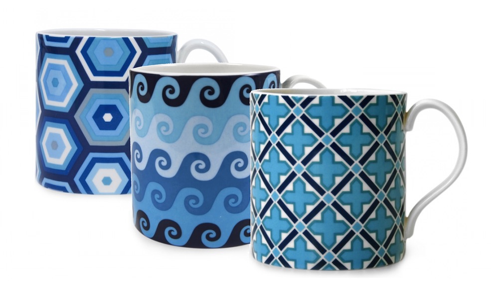 Jonathan Adler Carnaby Mugs in Honeycomb Blue, Waves Blue and Talitha Blue from Hard To Find | More Mother's Day Gift ideas on the RSD Blog. www.rsdesigns.com.au/blog/