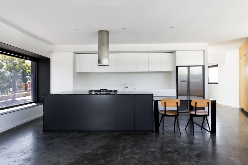 Monochrome kitchen. Local heroes: Triangle House by Robeson Architects. Image by Dion Photography. Vincent St, Mt. Lawley. Perth Residential Architecture. 
