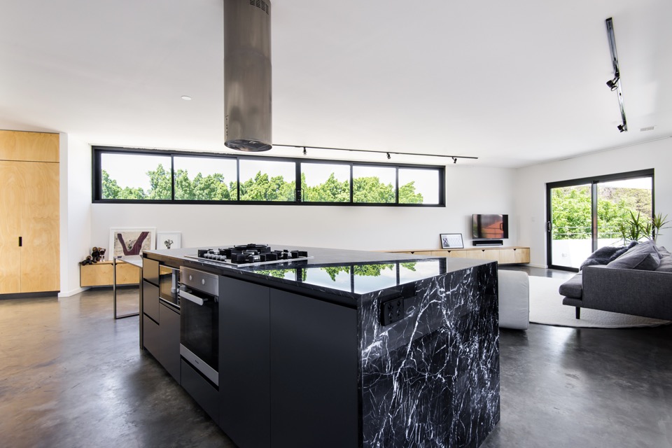 Monochrome Kitchen. Local heroes: Triangle House by Robeson Architects. Image by Dion Photography. Vincent St, Mt. Lawley. Perth Residential Architecture. 