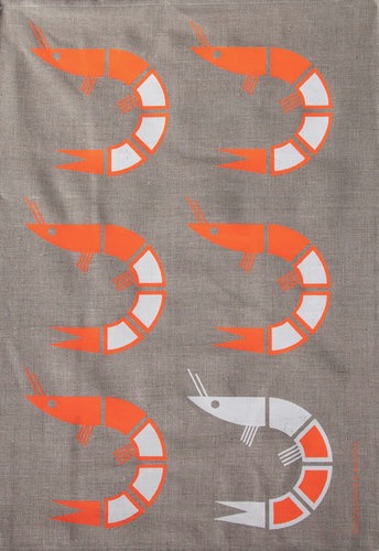 Prawn-tastic tea towel in fluro orange and white on beige linen by Everingham & Watson. More products from Melbourne Life Instyle 2013 on the RSD Blog.