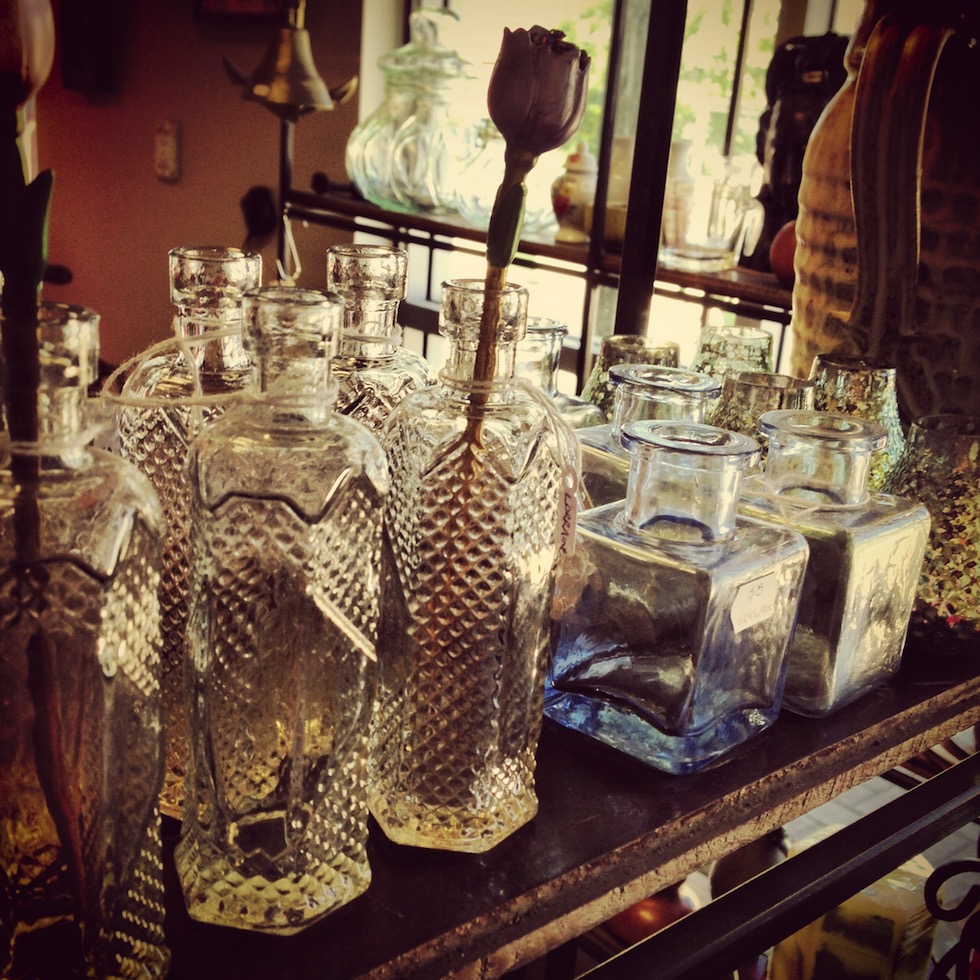 Assorted glass bottles for that perfect vignette | More #vintage and #industrial treasures at Industriart on the RSD Blog. www.rsdesigns.com.au/blog/