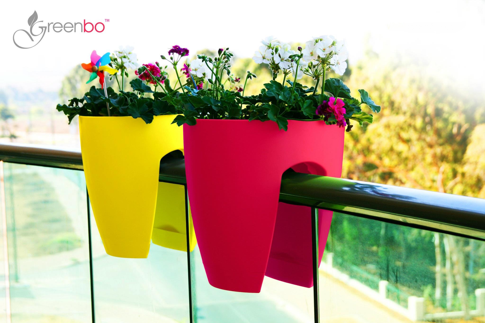 Greenbo Planter pots designed by Miki Ganor sit easily on your balcony or balustrade for space-saving greenery, available at Top 3 By Design