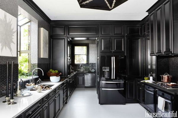 Steven Miller created a dramatic black, white and silver space for entertaining, winning the 2014 Kitchen of the Year. Check out the details for the Christopher Boots light feature that you can see just a hint of at the top! From The #Monochrome #Kitchen, the RSD Blog.