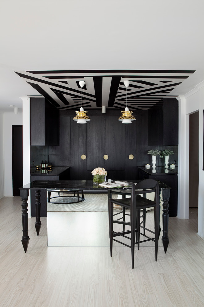 Statement #Black kitchen in Marine Parade Apartment in Brisbane, by James Dawson Interiors. How cool are those legs and that statement ceiling?! From The #Monochrome #Kitchen, the RSD Blog.