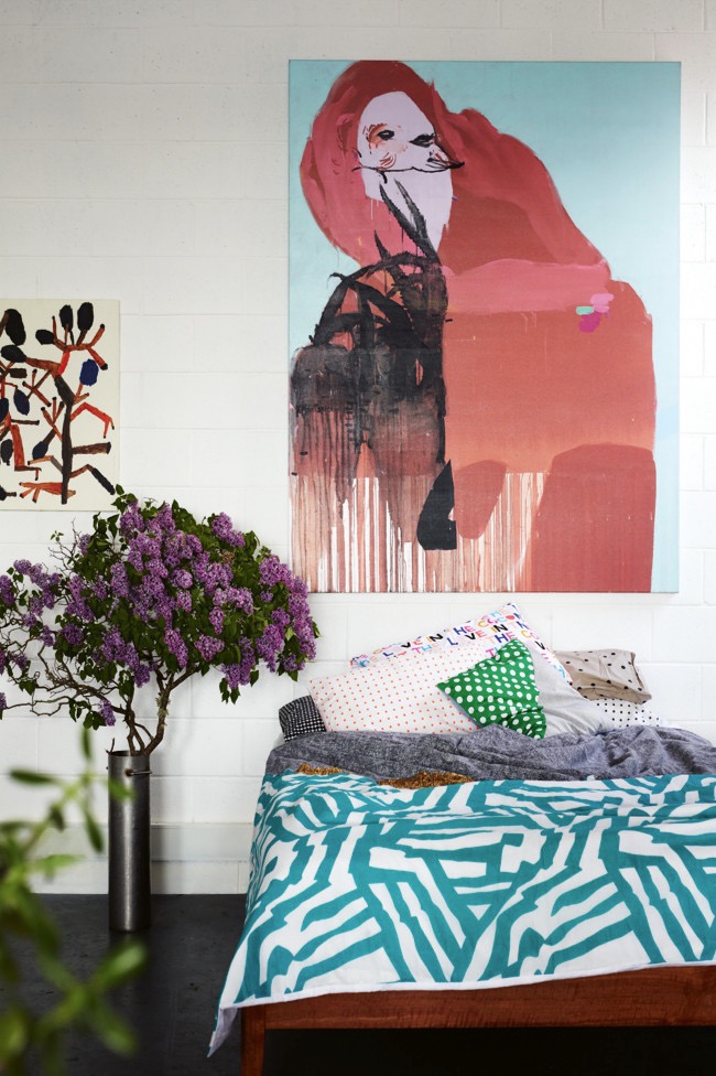 Artist Kirra Jamieson’s home with Rhys Lee artwork and that gorgeous quilt from The Vallentine Project. Styling by the awesome Mr Jason Grant | More #aqua #teal & #turquoise on the RSD Blog www.rsdesigns.com.au/blog/