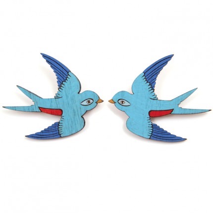 Pair of Swallows, set of two hand-painted laser etched wooden brooches by Made by White. More #blue goodness on the RSD Blog.