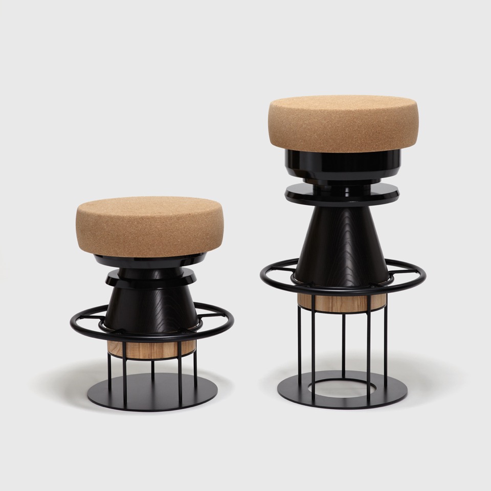 Tembo is a stool made of stacked pieces of wood, metal, and cork by La Chance and Note Design Studio. #cork #home #furniture