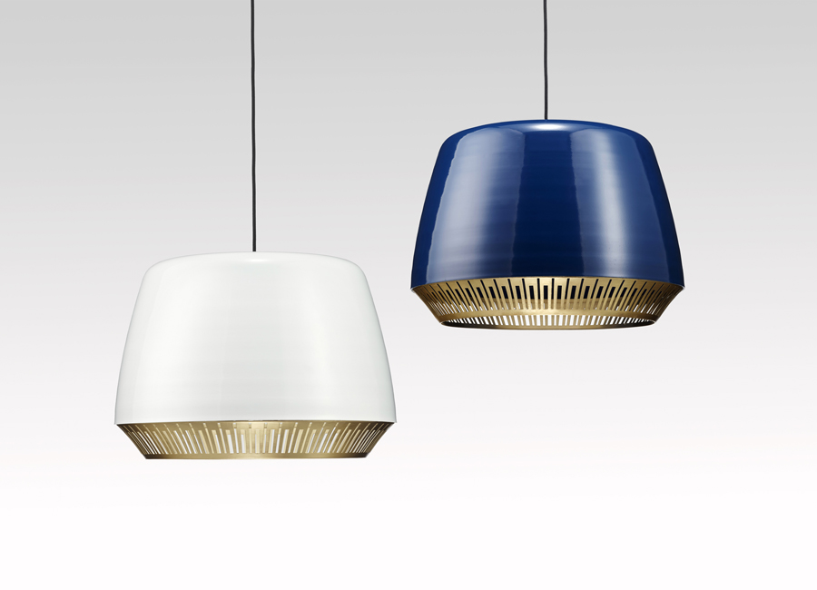 Bezel pendant lights by Anaesthetic with its spun aluminium powder-coated top with piano-inspired polished brass 'bezel'