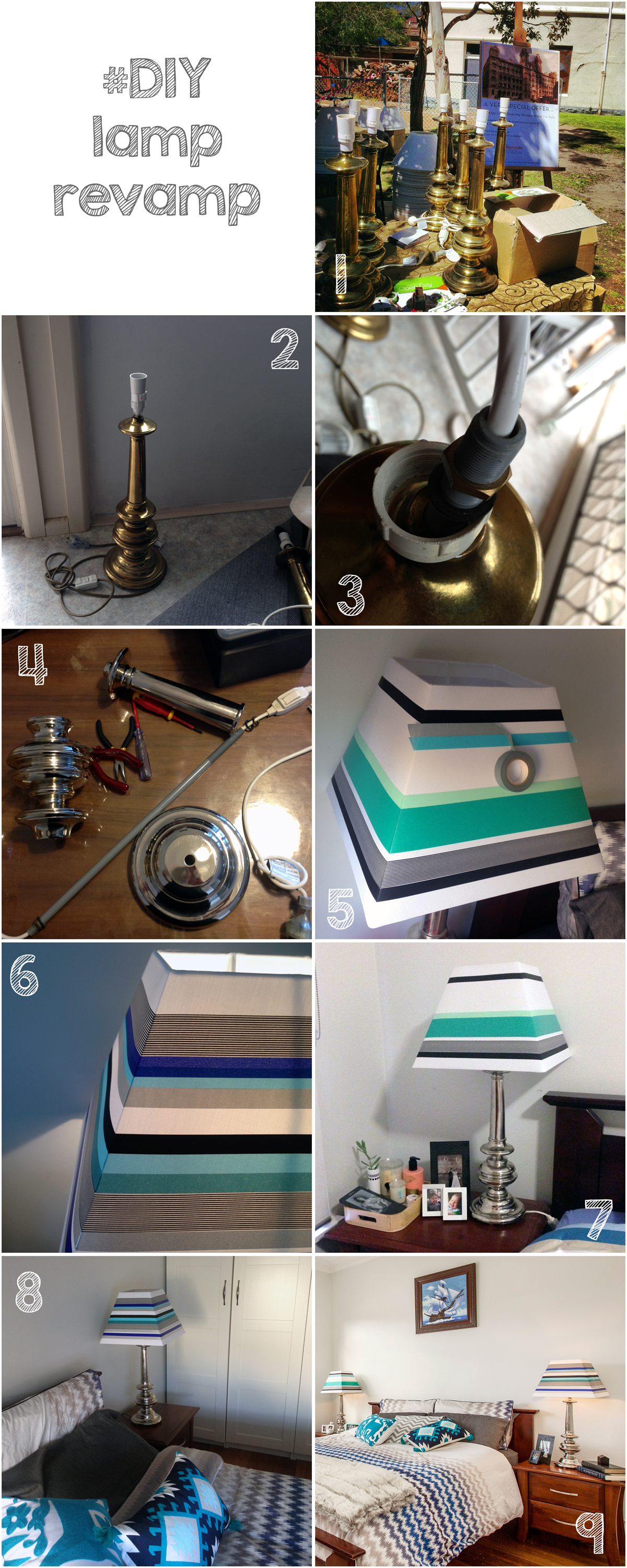 Nickel-plated lamp base with Washi-tape shade. #DIY Lamp revamp on the blog.