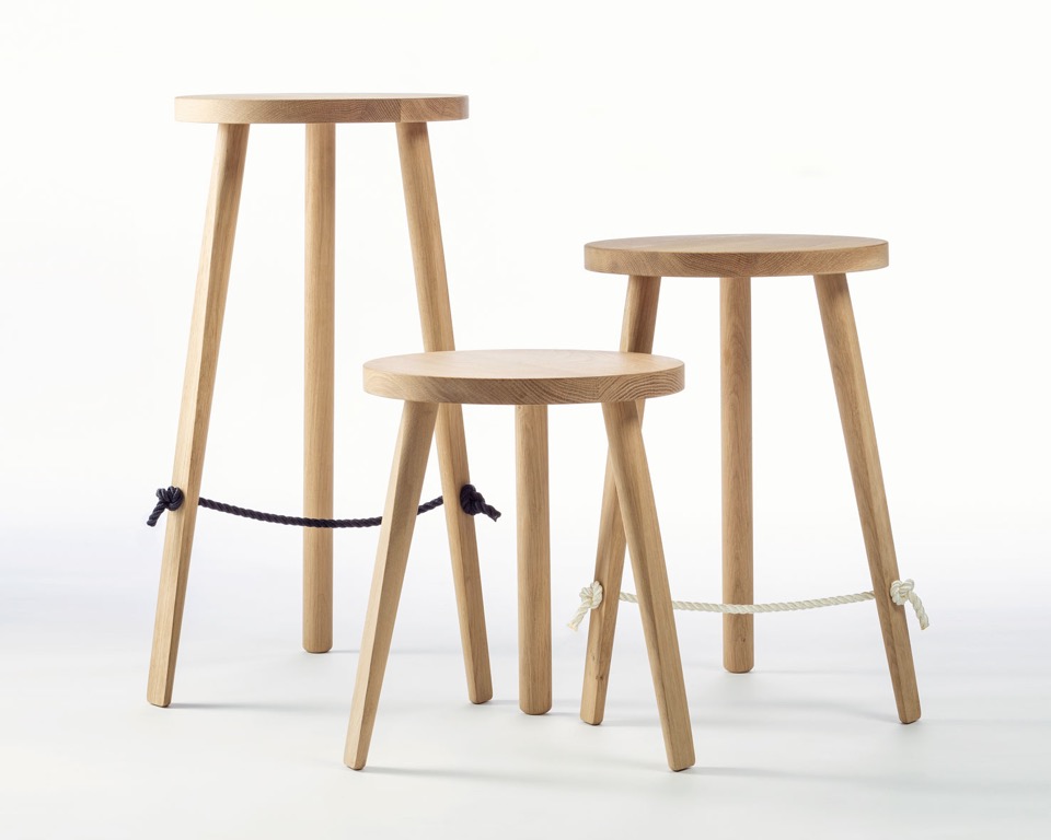 Mariner stools by Anaesthetic made from American White Oak with navy or white braided rope foot rests sourced from sailing yachts, hence the name.