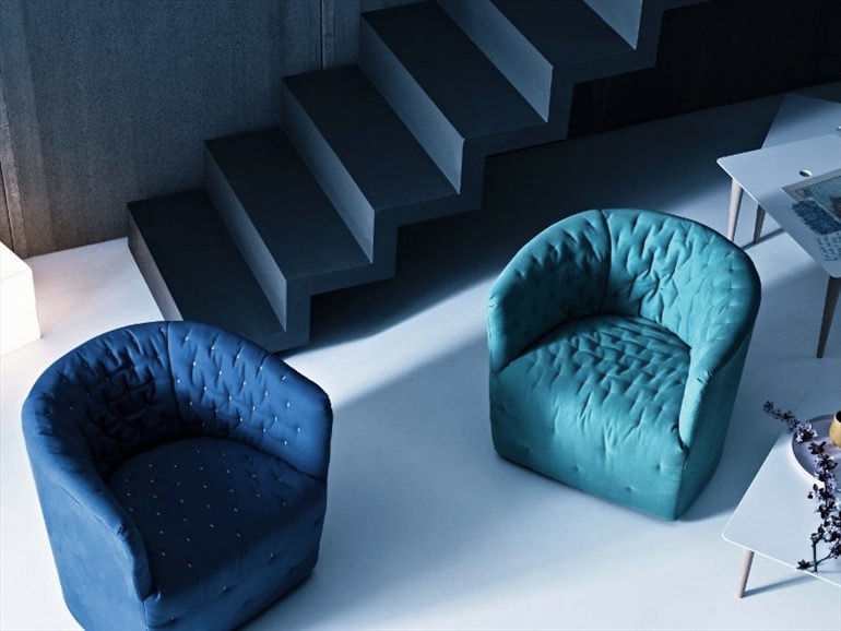Restrained colour palette allows bold design. Saba Italia Amélie Upholstered polyurethane armchair by Sergio Bicego. More #blue goodness on the RSD Blog.